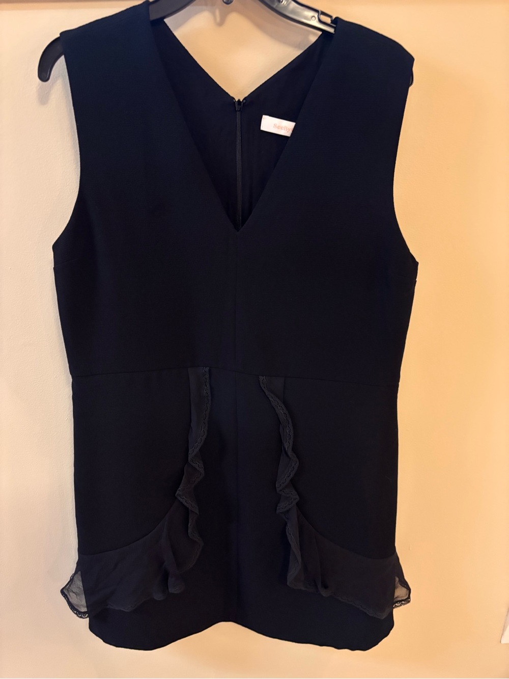 NWT - See By Chloe Black Sleeveless V-Neck Tunic with Ruffle Trim